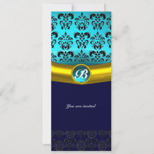 DAMASK ÄDELSTEN MONOGRAM ,blå turkos Inbjudningar