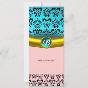 DAMASK ÄDELSTEN MONOGRAM, blå turkos Inbjudningar