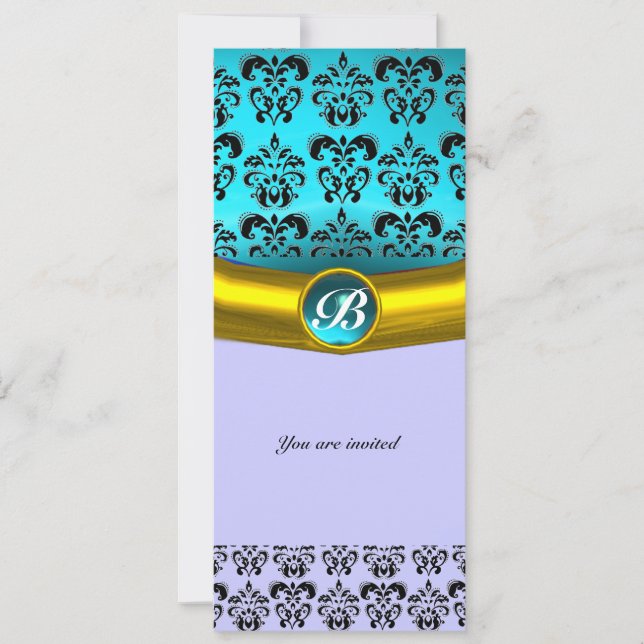 DAMASK ÄDELSTEN MONOGRAM ,blå turkos Inbjudningar (Framsida)
