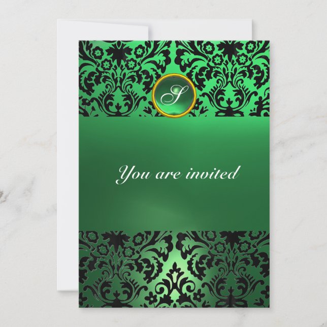DAMASK ÄDELSTEN MONOGRAM grön jade Inbjudningar (Framsida)