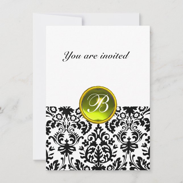 DAMASK ÄDELSTEN MONOGRAM  gul vit rsvp Inbjudningar (Framsida)