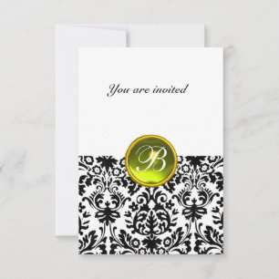DAMASK ÄDELSTEN MONOGRAM gul vit rsvp Inbjudningar