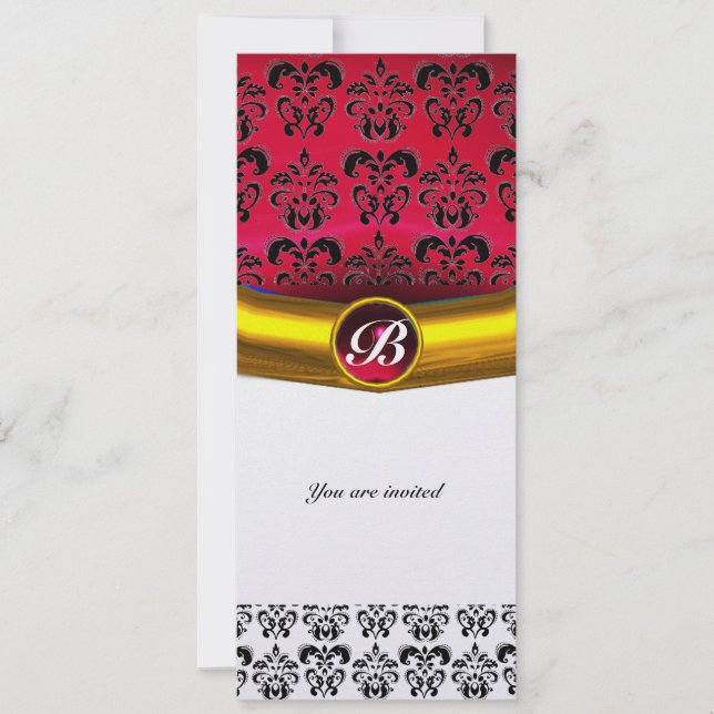 DAMASK ÄDELSTEN MONOGRAM isblå röd burgunder Inbjudningar (Framsida)