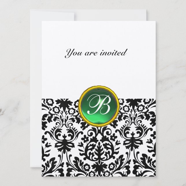 DAMASK ÄDELSTEN MONOGRAM jade grön spräcklig Inbjudningar (Framsida)