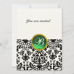 DAMASK ÄDELSTEN MONOGRAM jade grön spräcklig Inbjudningar
