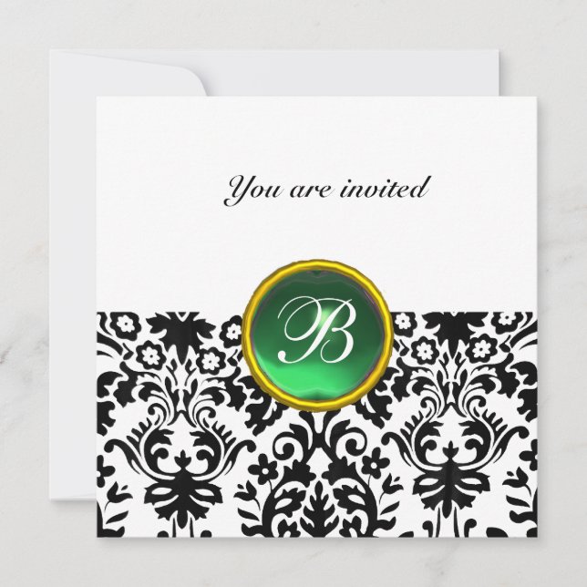 DAMASK ÄDELSTEN MONOGRAM jade grön vit Inbjudningar (Framsida)