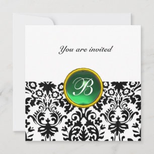 DAMASK ÄDELSTEN MONOGRAM jade grön vit Inbjudningar