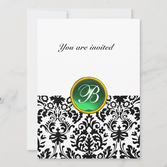 DAMASK ÄDELSTEN MONOGRAM jade grön vit Inbjudningar (Framsida)