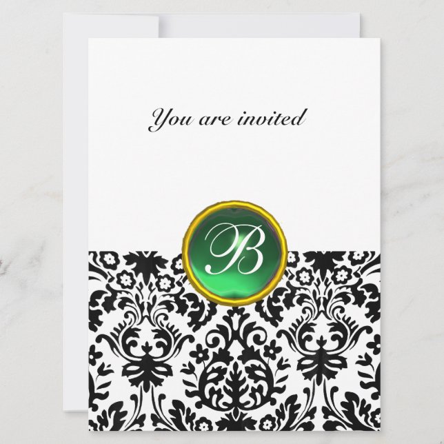 DAMASK ÄDELSTEN MONOGRAM jade grön vit Inbjudningar (Framsida)