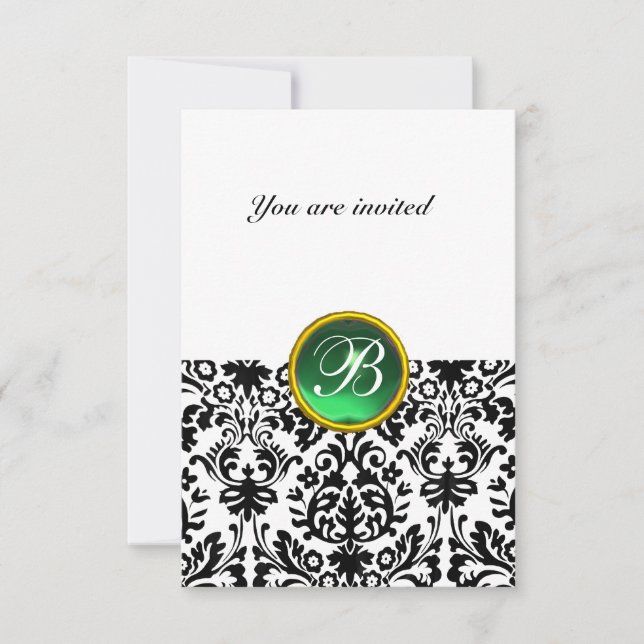 DAMASK ÄDELSTEN MONOGRAM jade grön vit rsvp Inbjudningar (Framsida)