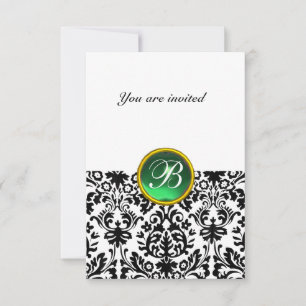 DAMASK ÄDELSTEN MONOGRAM jade grön vit rsvp Inbjudningar
