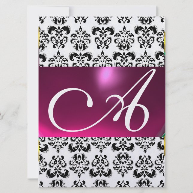 DAMASK ÄDELSTEN MONOGRAM lila rosa is vit Inbjudningar (Framsida)