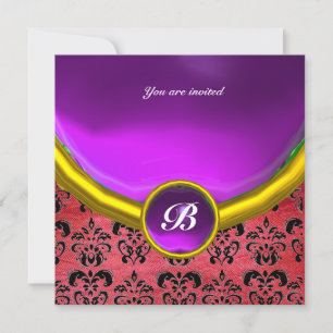 DAMASK ÄDELSTEN MONOGRAM lila rosa siden svart Inbjudningar