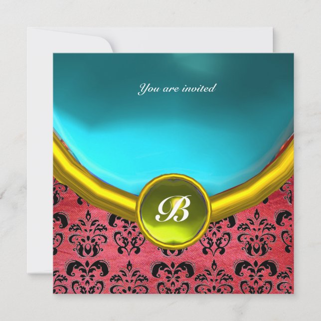 DAMASK ÄDELSTEN MONOGRAM lila siden blå Inbjudningar (Framsida)