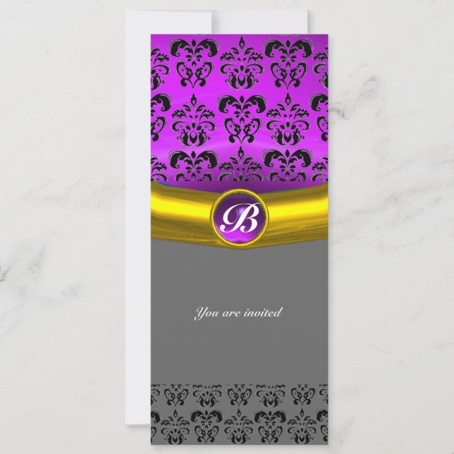 DAMASK ÄDELSTEN MONOGRAM lila violett Inbjudningar (Framsida)