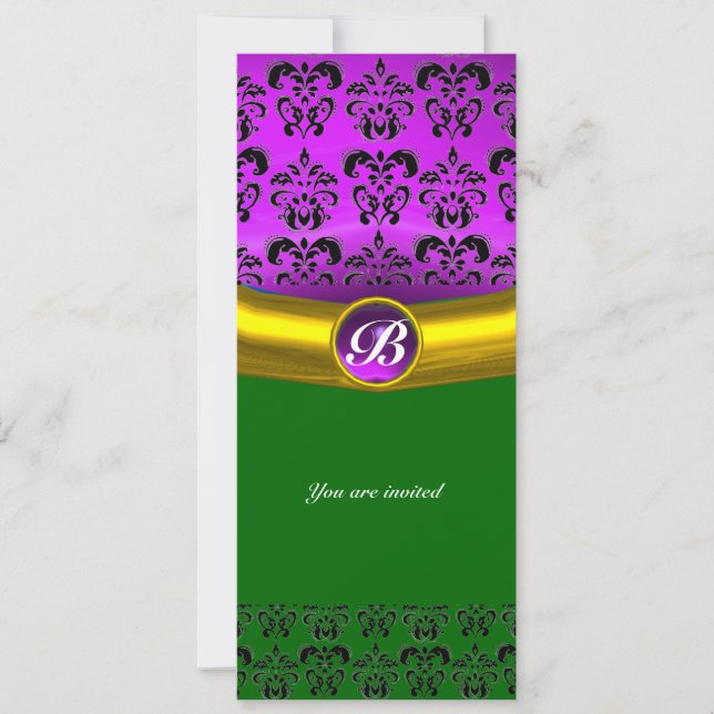 DAMASK ÄDELSTEN MONOGRAM lila violett Inbjudningar (Framsida)