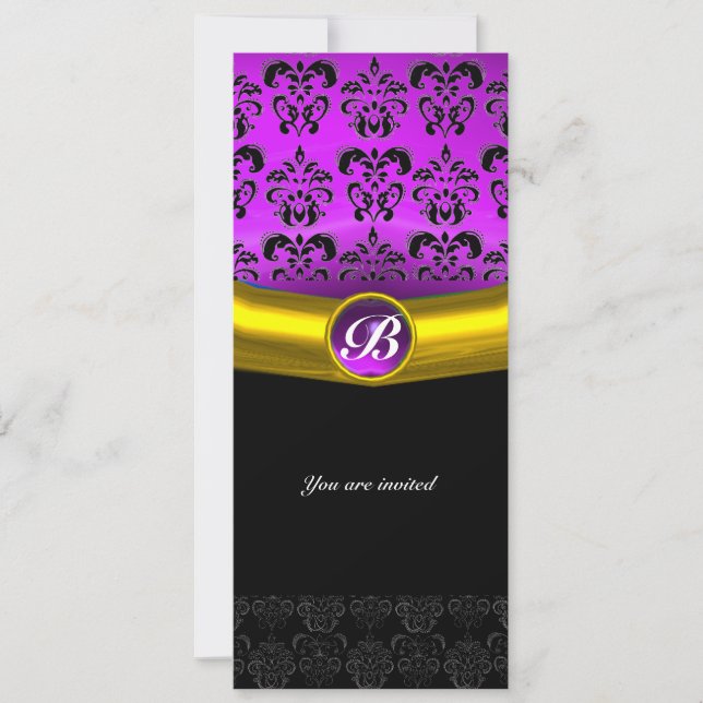 DAMASK ÄDELSTEN MONOGRAM lila violett Inbjudningar (Framsida)