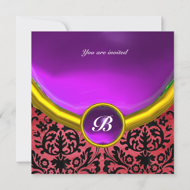 DAMASK ÄDELSTEN MONOGRAM lila violett siden Inbjudningar (Framsida)