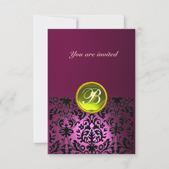 DAMASK ÄDELSTEN MONOGRAM rosa gul rsvp Inbjudningar (Framsida)
