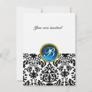 DAMASK ÄDELSTEN MONOGRAM safirblå linne rsvp Inbjudningar