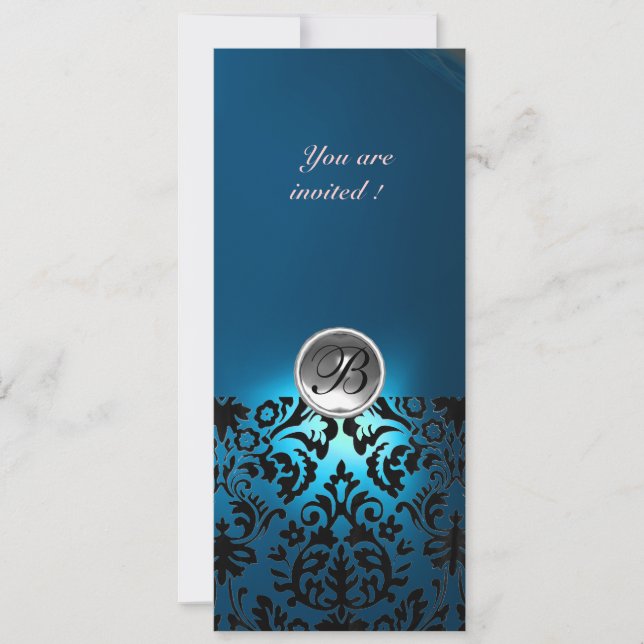 DAMASK ÄDELSTEN MONOGRAM vit blå,teal Inbjudningar (Framsida)
