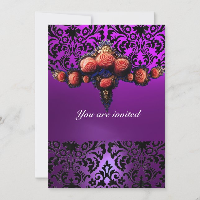 DAMASK ÄDELSTEN OCH ROSA ROSOR MONOGRAM INBJUDNINGAR (Framsida)