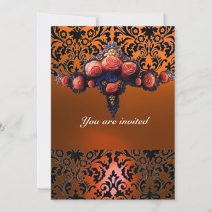 DAMASK ÄDELSTEN OCH ROSENRÖDA ROSOR MONOGRAM INBJUDNINGAR