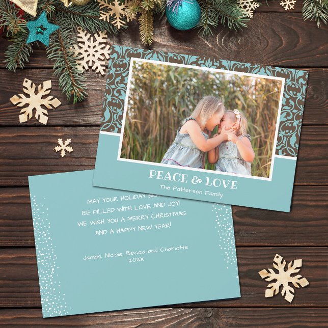 Damask Aqua Brown julfoto Julkort (Turquoise and brown damask design Christmas photo holiday cards, PRINTED and/or INSTANT DOWNLOAD)