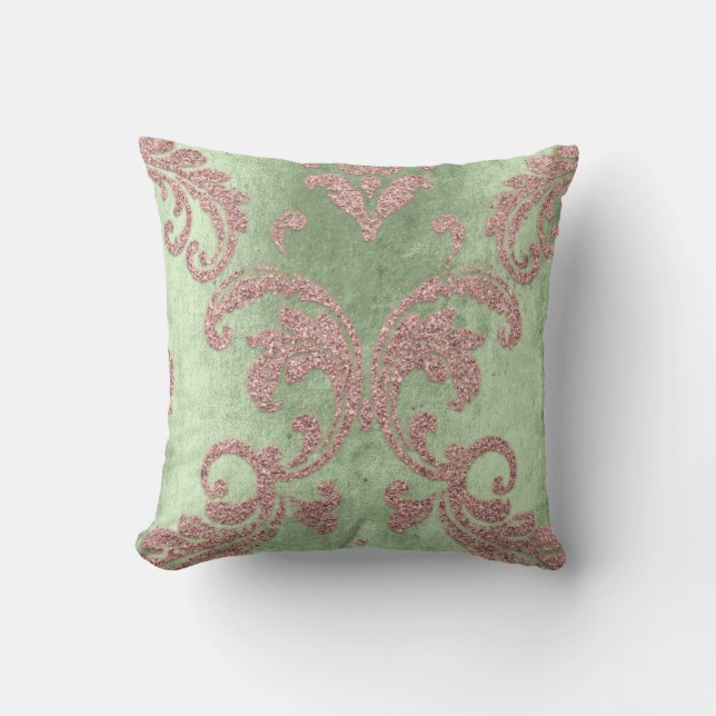 Damask Aqua Rosa  Mint Grönt Cottage Velvet Kudde (Framsida)