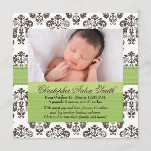 Damask Baby Birth Photo Annoucement Grönt Brown Meddelande