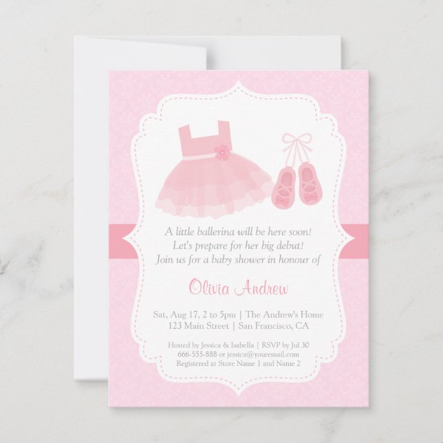 Damask Ballerina Flicka Bebis Shower Inbjudningar (Framsida)