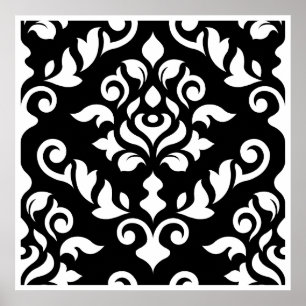 Damask Baroque Design White på Black Poster