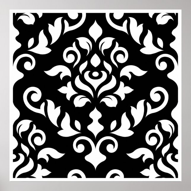 Damask Baroque Design White på Black Poster (Framsidan)