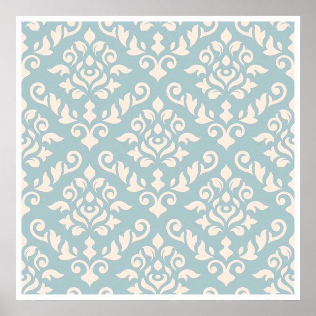 Damask Baroque Mönster Cream på Blue Poster (Framsidan)