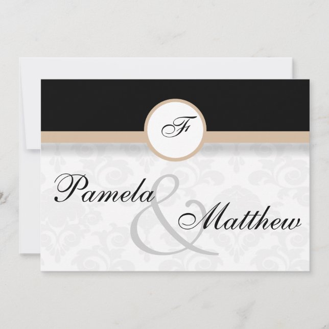 Damask Beige Monogram bröllopsinbjudning Inbjudningar (Framsida)