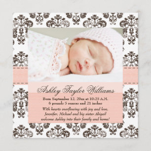 Damask Birth Notification Rosa och Brown Meddelande