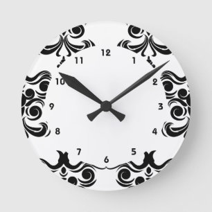 Damask Black and White Rund Klocka