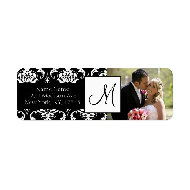 Damask Black Monogram Photo Bröllop Adressetikette Returadress Etikett (Framsidan)