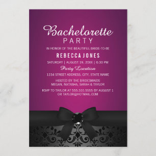 Damask Black & Rosa Bow Bachelorette Party Inbjuda Inbjudningar