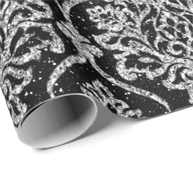 Damask Black Royal Grått Silver Glitter Presentpapper (Rullad Hörn)