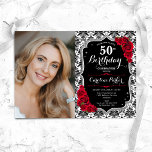 Damask Black Silver Röd ros Foto 50:e födelsedagen Inbjudningar<br><div class="desc">Femininininbjudan till elegantens blommigt på 50 år med ditt foto. Glam svartvit design med faux glitter silver. Innehåller svartvit dämpningsmönster, röd ros, skriptteckensnitt och kontur. Perfekt för en snyggt vuxen under firande party. Anpassa med dina egna detaljer. Kan anpassas för vilken ålder som helst! Skrivna Zazzle-inbjudningar eller digital utskrivbar mall...</div>