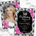 Damask Black Silver Rosa Photo 50:e födelsedagen Inbjudningar<br><div class="desc">Femininininbjudan till elegantens blommigt på 50 års födelsedag med ditt foto på baksidan av kortet. Glam svartvit rosa design med faux glitter silver. Innehåller svartvit dämpningsmönster, rosa ros, skriptteckensnitt och kontur. Perfekt för en snyggt vuxen under firande party. Anpassa med dina egna detaljer. Kan anpassas för vilken ålder som helst!...</div>