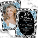 Damask Black Silver Royal Blue Photo 50:e födelsed Inbjudningar<br><div class="desc">Femininininbjudan till elegantens blommigt på 50 års födelsedag med ditt foto på baksidan av kortet. Glam svartvit dammig blå design med faux glitter silver. Innehåller svartvit dämpningsmönster, ljusblå ro, skriptteckensnitt och kontur. Perfekt för en snyggt vuxen under firande party. Anpassa med dina egna detaljer. Kan anpassas för vilken ålder som...</div>