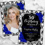 Damask Black Silver Royal Blue Photo 50:e födelsed Inbjudningar<br><div class="desc">Femininininbjudan till elegantens blommigt på 50 års födelsedag med ditt foto på baksidan av kortet. Glam svartvit royal blå design med faux glitter silver. Innehåller svartvit dämpningsmönster, safierblått ro, skriptteckensnitt och konetti. Perfekt för en snyggt vuxen under firande party. Anpassa med dina egna detaljer. Kan anpassas för vilken ålder som...</div>