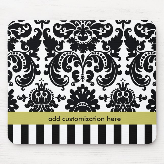 Damask Black White Chartreuse + Rand Mouse Pad Musmatta (Framsidan)