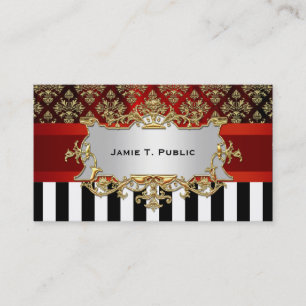 Damask, Black White Rand, Red Ribbon, Guld-etikett Visitkort