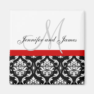 Damask Black White Red Monogram Namn Magnet