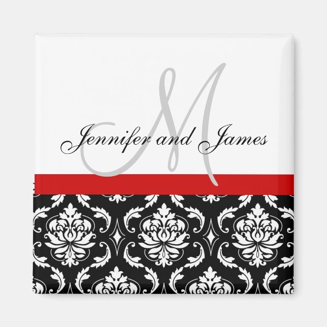 Damask Black White Red Monogram Namn Magnet (Framsidan)