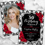 Damask Black White Silver Red Photo 50:e födelseda Inbjudningar<br><div class="desc">Femininininbjudan till elegantens blommigt på 50 års födelsedag med ditt foto på baksidan av kortet. Glam svartvit design med faux glitter silver. Innehåller svartvit dämpningsmönster, röd ros, skriptteckensnitt och kontur. Perfekt för en snyggt vuxen under firande party. Anpassa med dina egna detaljer. Kan anpassas för vilken ålder som helst! Skrivna...</div>