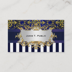 Damask Blue White Rand, Blue Ribbon, Guld \Label Visitkort